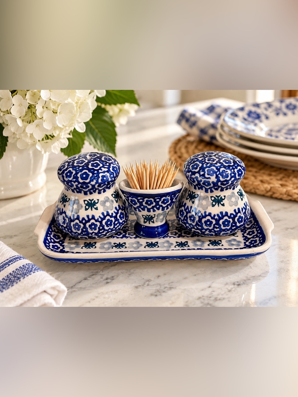 Ceramika Artystyczna Polish Pottery Salt Pepper Set Tray Boleslawiec